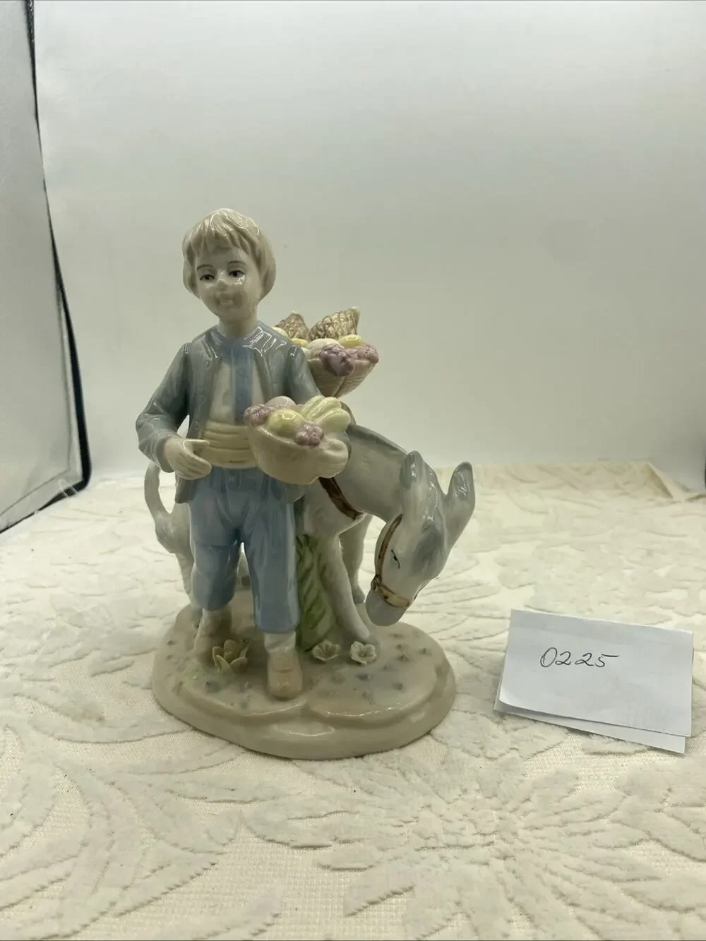 Porcelain Figurine Peasant Boy Donkey Fruit Basket 7 Inches Long, 8 Inches Tall